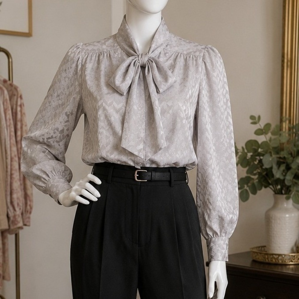 Josephine Womens Blouse Silver Gray  Bow Chevron Jacquard Vintage 12